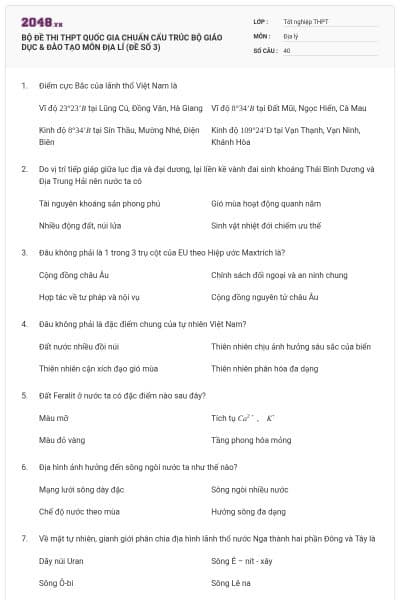 BỘ ĐỀ THI THPT QUỐC GIA CHUẨN CẤU TRÚC BỘ GIÁO DỤC & ĐÀO TẠO MÔN ĐỊA LÍ (ĐỀ SỐ 3)
