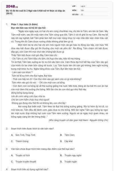 Bộ 10 đề thi cuối kì 2 Ngữ văn 6 Kết nối tri thức có đáp án (Đề 8)