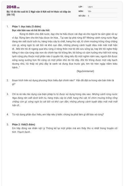 Bộ 10 đề thi cuối kì 2 Ngữ văn 6 Kết nối tri thức có đáp án (Đề 10)