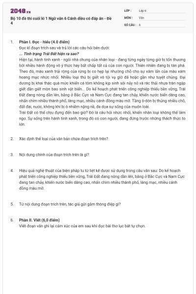 Bộ 10 đề thi cuối kì 1 Ngữ văn 6 Cánh diều có đáp án - Đề 4