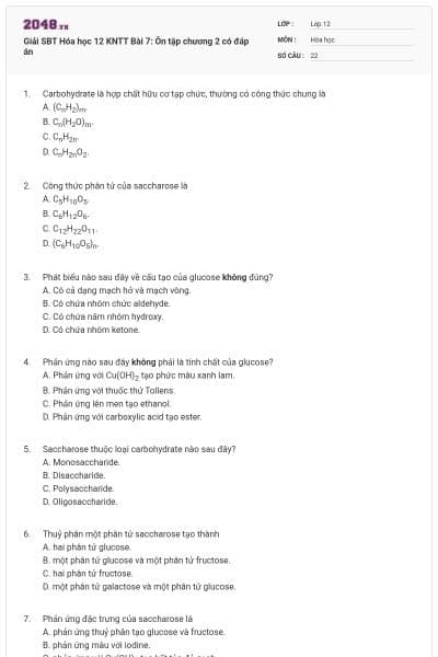 Giải SBT Hóa học 12 KNTT Bài 7: Ôn tập chương 2 có đáp án