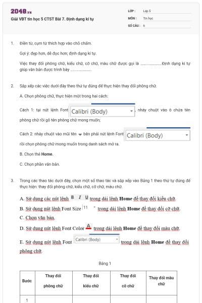 Giải VBT tin học 5 CTST Bài 7. Định dạng kí tự