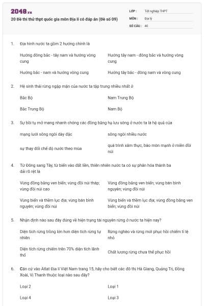 20 Đề thi thử thpt quốc gia môn Địa lí có đáp án (Đề số 09)