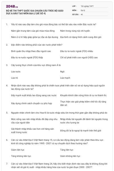BỘ ĐỀ THI THPT QUỐC GIA CHUẨN CẤU TRÚC BỘ GIÁO DỤC & ĐÀO TẠO MÔN ĐỊA LÍ (ĐỀ SỐ 4)