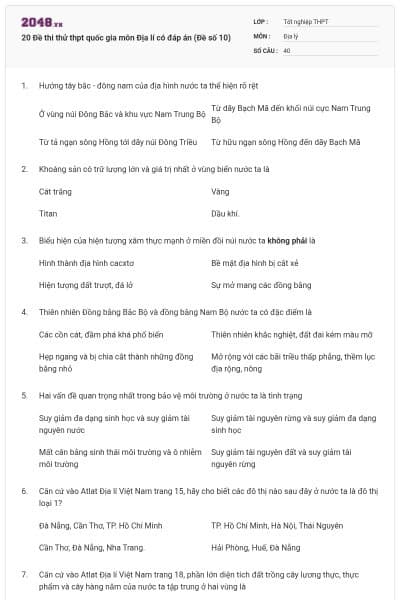 20 Đề thi thử thpt quốc gia môn Địa lí có đáp án (Đề số 10)