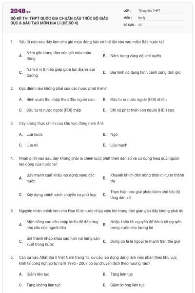 BỘ ĐỀ THI THPT QUỐC GIA CHUẨN CẤU TRÚC BỘ GIÁO DỤC & ĐÀO TẠO MÔN ĐỊA LÍ (ĐỀ SỐ 4)