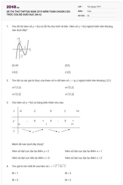 ĐỀ THI THỬ THPTQG NĂM 2019 MÔN TOÁN CHUẨN CẤU TRÚC CỦA BỘ GIÁO DỤC (Đề 6)