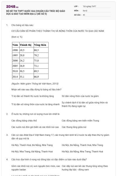 BỘ ĐỀ THI THPT QUỐC GIA CHUẨN CẤU TRÚC BỘ GIÁO DỤC & ĐÀO TẠO MÔN ĐỊA LÍ (ĐỀ SỐ 5)