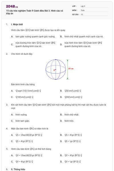 15 câu trắc nghiệm Toán 9 Cánh diều Bài 3. Hình cầu có đáp án