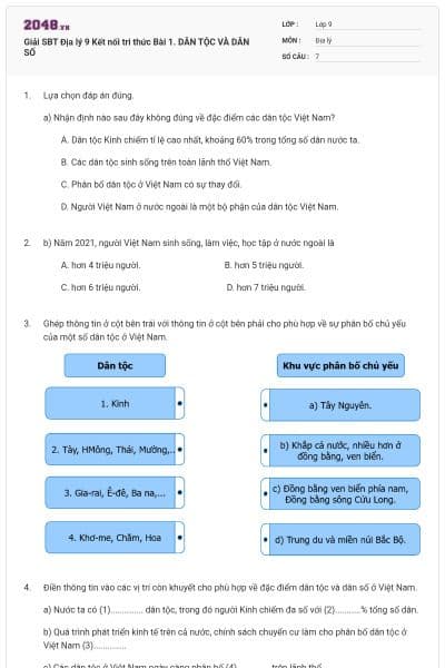 Giải SBT Địa lý 9 Kết nối tri thức Bài 1. DÂN TỘC VÀ DÂN SỐ