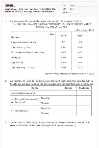 Giải SBT Địa lý 9 Kết nối tri thức Bài 3. THỰC HÀNH: TÌM HIỂU VẤN ĐỀ VIỆC LÀM Ở ĐỊA PHƯƠNG VÀ PHÂN HOÁ THU NHẬP THEO VÙNG