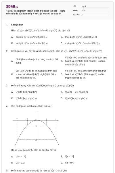 15 câu trắc nghiệm Toán 9 Chân trời sáng tạo Bài 1. Hàm số và đồ thị của hàm số y = ax^2 (a khác 0) có đáp án
