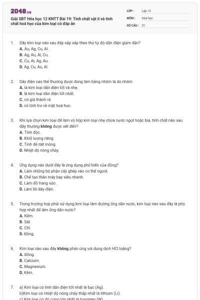 Giải SBT Hóa học 12 KNTT Bài 19: Tính chất vật lí và tính chất hoá học của kim loại có đáp án