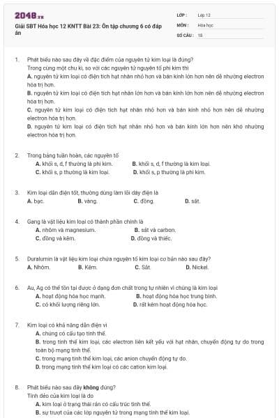 Giải SBT Hóa học 12 KNTT Bài 23: Ôn tập chương 6 có đáp án