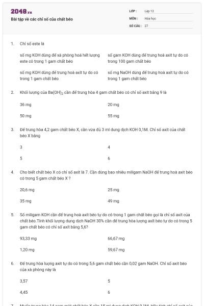 Bài tập về các chỉ số của chất béo