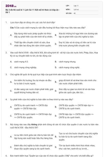 Bộ 3 đề thi cuối kì 1 Lịch Sử 11 Kết nối tri thức có đáp án - Đề 1