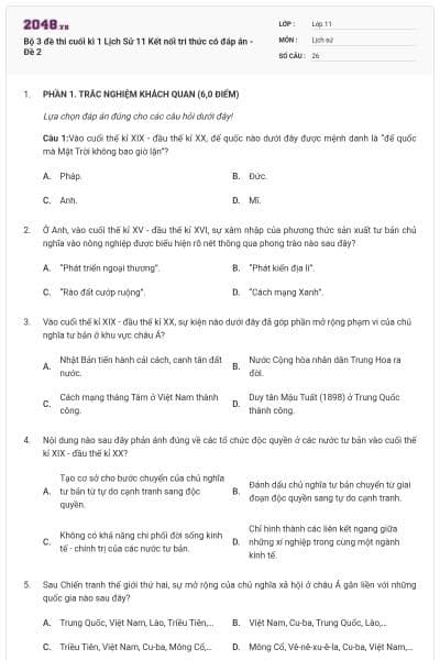 Bộ 3 đề thi cuối kì 1 Lịch Sử 11 Kết nối tri thức có đáp án - Đề 2