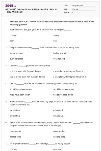 ĐỀ THI THỬ THPT QUỐC GIA NĂM 2019 – LẦN 2 Môn thi: TIẾNG ANH (Đề 26)