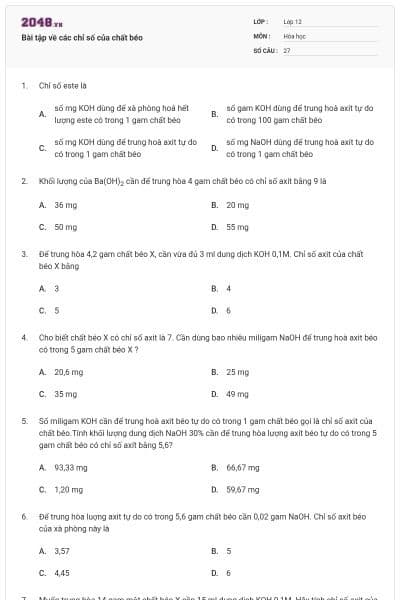 Bài tập về các chỉ số của chất béo