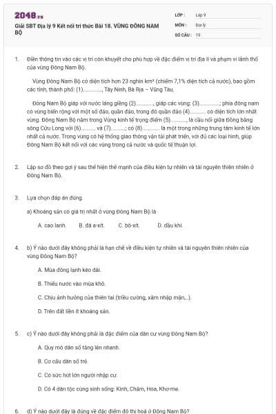 Giải SBT Địa lý 9 Kết nối tri thức Bài 18. VÙNG ĐÔNG NAM BỘ