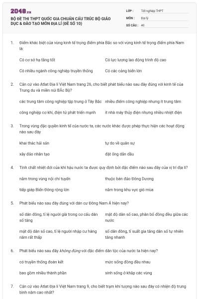 BỘ ĐỀ THI THPT QUỐC GIA CHUẨN CẤU TRÚC BỘ GIÁO DỤC & ĐÀO TẠO MÔN ĐỊA LÍ (ĐỀ SỐ 10)