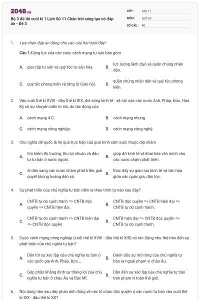 Bộ 3 đề thi cuối kì 1 Lịch Sử 11 Chân trời sáng tạo có đáp án - Đề 3