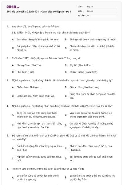 Bộ 3 đề thi cuối kì 2 Lịch Sử 11 Cánh diều có đáp án - Đề 1