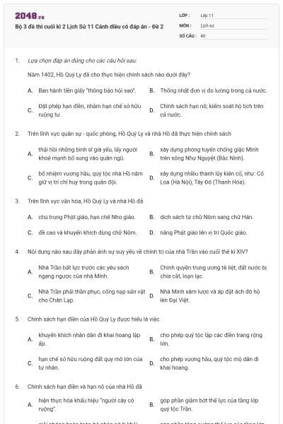 Bộ 3 đề thi cuối kì 2 Lịch Sử 11 Cánh diều có đáp án - Đề 2