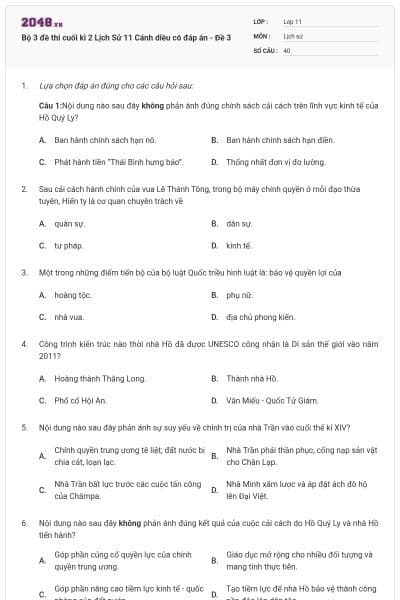 Bộ 3 đề thi cuối kì 2 Lịch Sử 11 Cánh diều có đáp án - Đề 3