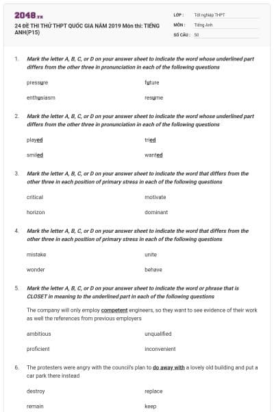 24 ĐỀ THI THỬ THPT QUỐC GIA NĂM 2019 Môn thi: TIẾNG ANH(P15)