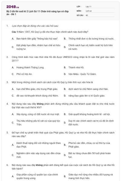 Bộ 3 đề thi cuối kì 2 Lịch Sử 11 Chân trời sáng tạo có đáp án - Đề 1