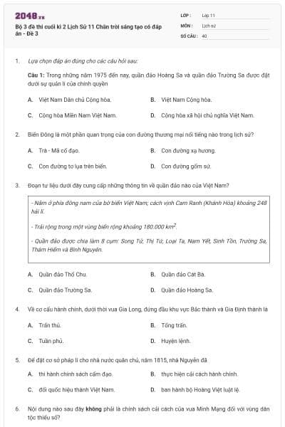 Bộ 3 đề thi cuối kì 2 Lịch Sử 11 Chân trời sáng tạo có đáp án - Đề 3
