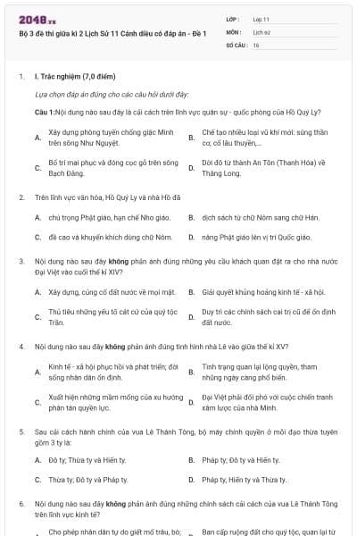 Bộ 3 đề thi giữa kì 2 Lịch Sử 11 Cánh diều có đáp án - Đề 1