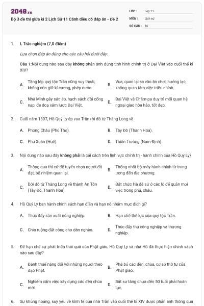 Bộ 3 đề thi giữa kì 2 Lịch Sử 11 Cánh diều có đáp án - Đề 2
