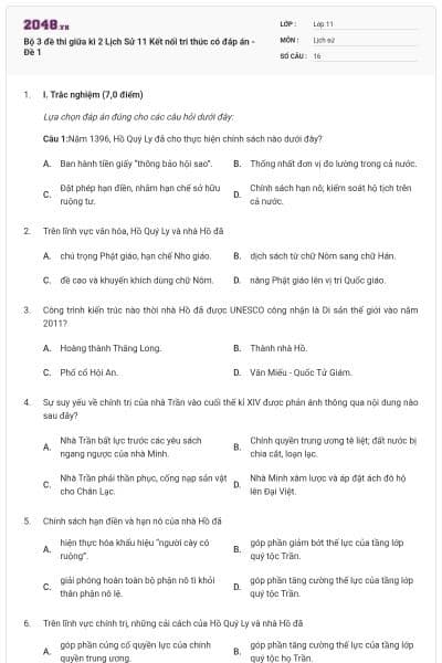 Bộ 3 đề thi giữa kì 2 Lịch Sử 11 Kết nối tri thức có đáp án - Đề 1