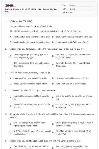 Bộ 3 đề thi giữa kì 2 Lịch Sử 11 Kết nối tri thức có đáp án - Đề 2