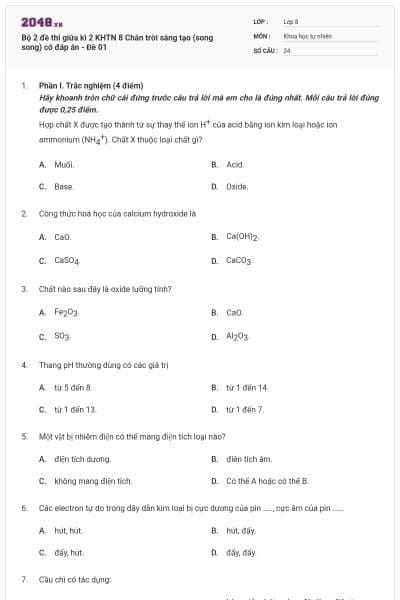 Bộ 2 đề thi giữa kì 2 KHTN 8 Chân trời sáng tạo (song song) có đáp án - Đề 01