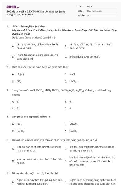 Bộ 2 đề thi cuối kì 2 KHTN 8 Chân trời sáng tạo (song song) có đáp án - Đề 02