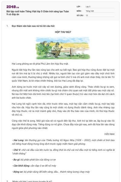 Bài tập cuối tuần Tiếng Việt lớp 5 Chân trời sáng tạo Tuần 9 có đáp án