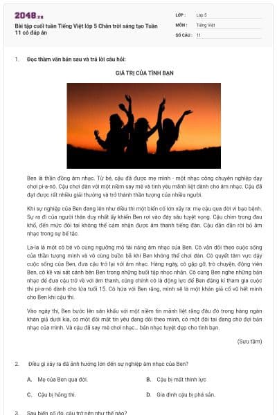 Bài tập cuối tuần Tiếng Việt lớp 5 Chân trời sáng tạo Tuần 11 có đáp án