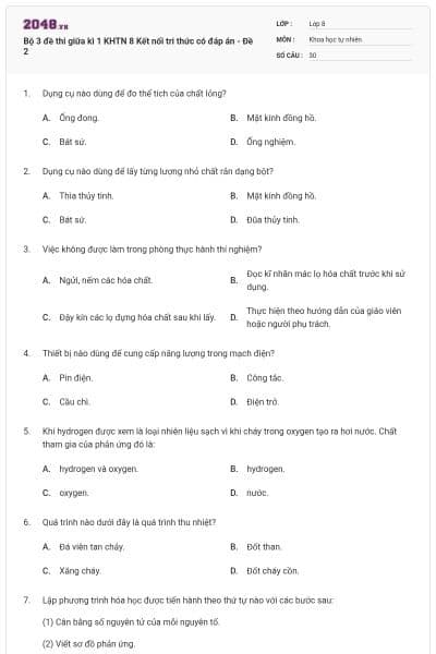 Bộ 3 đề thi giữa kì 1 KHTN 8 Kết nối tri thức có đáp án - Đề 2