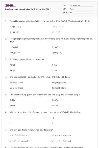 Bộ đề thi thử thpt quốc gia môn Toán cực hay (đề 1)