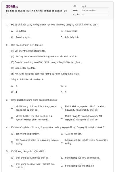 Bộ 3 đề thi giữa kì 1 KHTN 8 Kết nối tri thức có đáp án - Đề 3
