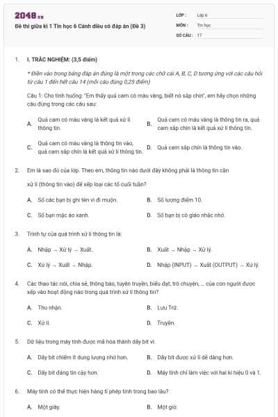 Đề thi giữa kì 1 Tin học 6 Cánh diều có đáp án (Đề 3)