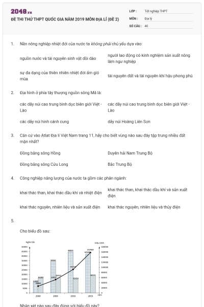 ĐỀ THI THỬ THPT QUỐC GIA NĂM 2019 MÔN ĐỊA LÍ (ĐỀ 2)