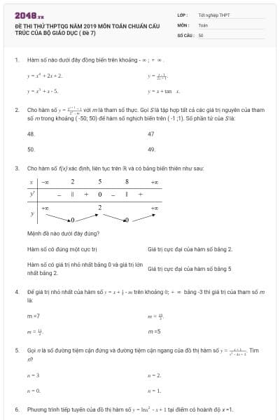 ĐỀ THI THỬ THPTQG NĂM 2019 MÔN TOÁN CHUẨN CẤU TRÚC CỦA BỘ GIÁO DỤC ( Đề 7)