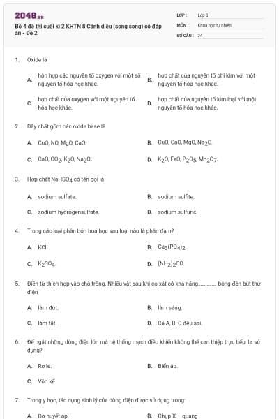 Bộ 4 đề thi cuối kì 2 KHTN 8 Cánh diều (song song) có đáp án - Đề 2