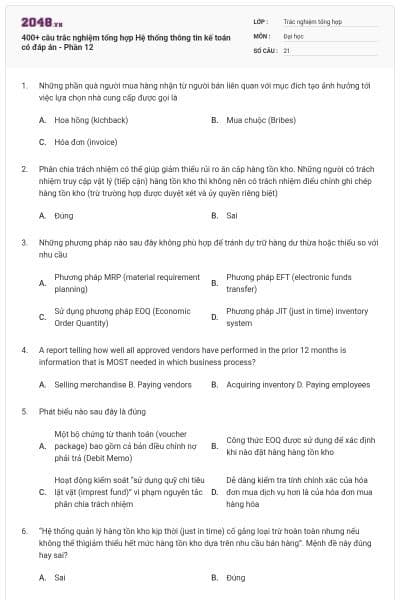400+ câu trắc nghiệm tổng hợp Hệ thống thông tin kế toán có đáp án - Phần 12