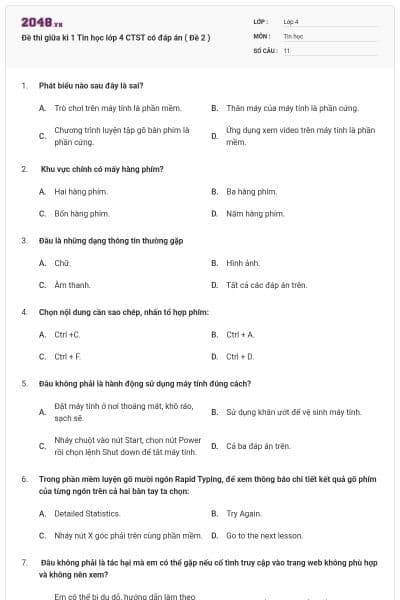 Đề thi giữa kì 1 Tin học lớp 4 CTST có đáp án ( Đề 2 )