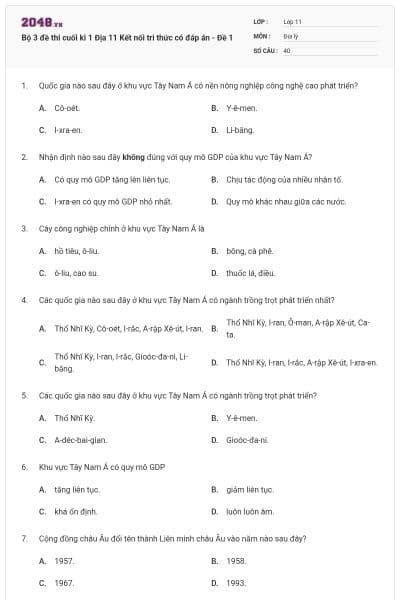 Bộ 3 đề thi cuối kì 1 Địa 11 Kết nối tri thức có đáp án - Đề 1